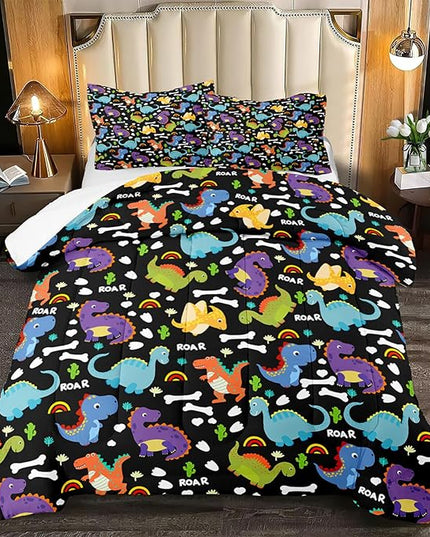 Dinosaur Comforter Set Queen - Cartoon Dinosaur Bedding Boys Comforter Set Soft Breathable Dinosaur Quilt Kids Queen Size Bedding Set for All Season, 1 Comforter 2 Pillowcase - LeafyLoom