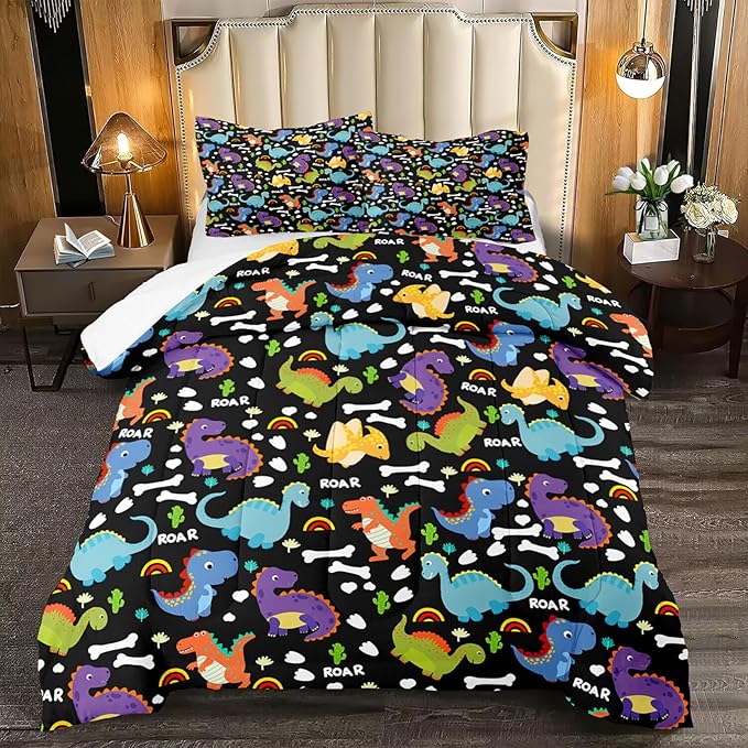 Dinosaur Comforter Set Queen - Cartoon Dinosaur Bedding Boys Comforter Set Soft Breathable Dinosaur Quilt Kids Queen Size Bedding Set for All Season, 1 Comforter 2 Pillowcase - LeafyLoom