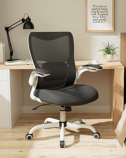 Office Chair, Ergonomic Desk Chair with Adjustable Lumbar Support and Flip up Armrest, Breathable Mesh Computer Chair for Home Office, White - LeafyLoom