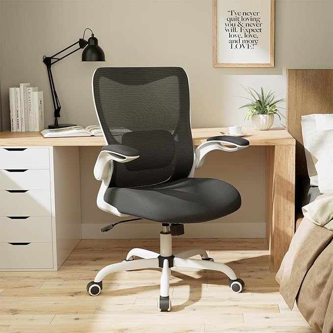 Office Chair, Ergonomic Desk Chair with Adjustable Lumbar Support and Flip up Armrest, Breathable Mesh Computer Chair for Home Office, White - LeafyLoom