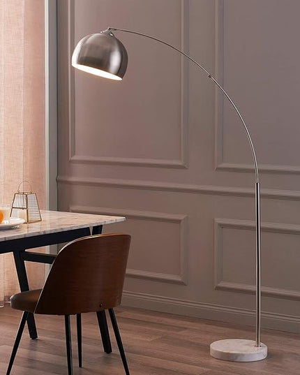 Teamson Home Arquer 68.1" Arc Floor Lamp for Living Rooms, Home Offices, Dining Rooms, Bedrooms with Faux White Marble Base and Nickel Bell Shade - LeafyLoom