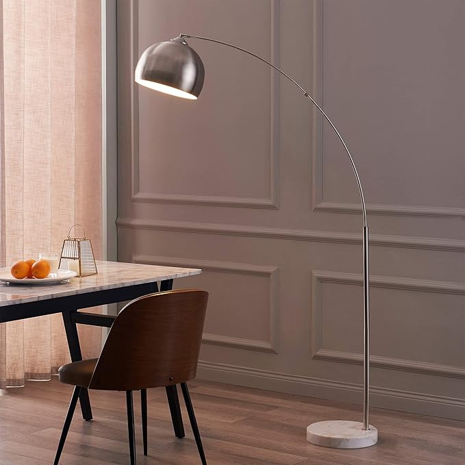 Teamson Home Arquer 68.1" Arc Floor Lamp for Living Rooms, Home Offices, Dining Rooms, Bedrooms with Faux White Marble Base and Nickel Bell Shade - LeafyLoom