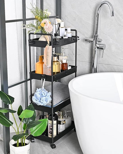 AROGAN Rolling Storage Cart with Wheels, 4 Tier Bathroom Storage Cart Laundry Room Organizer, Rolling Utility Cart for Kitchen, Bathroom, Laundry Room, Office, Narrow Place (Black) - LeafyLoom