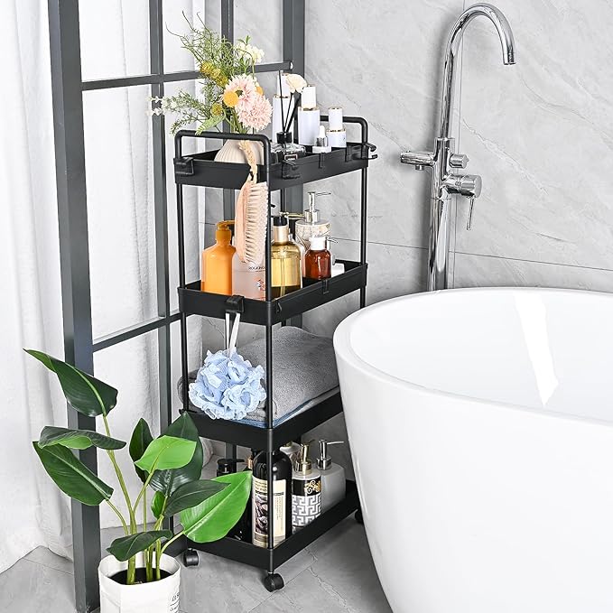 AROGAN Rolling Storage Cart with Wheels, 4 Tier Bathroom Storage Cart Laundry Room Organizer, Rolling Utility Cart for Kitchen, Bathroom, Laundry Room, Office, Narrow Place (Black) - LeafyLoom