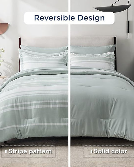 Bedsure Bed in a Bag California King Size 7 Pieces, Sage Green White Striped Bedding Comforter Sets All Season Bed Set, 2 Pillow Shams, Flat Sheet, Fitted Sheet and 2 Pillowcases - LeafyLoom