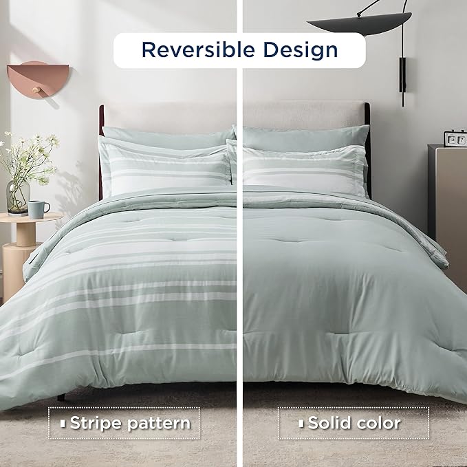 Bedsure Bed in a Bag Twin Size 5 Pieces, Sage Green White Striped Bedding Comforter Sets All Season Bed Set with 1 Pillow Sham, Flat Sheet, Fitted Sheet and 1 Pillowcase - LeafyLoom