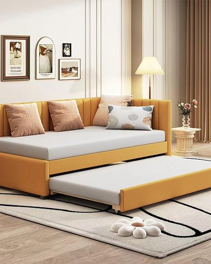 Merax Twin Size Daybed with Trundle, Linen Upholstered Sofa, Solid Wood Slats Support Wooden Day Bed Frame for Living Room, Apartment, Small Spaces, No Box Spring Needed, Yellow - LeafyLoom