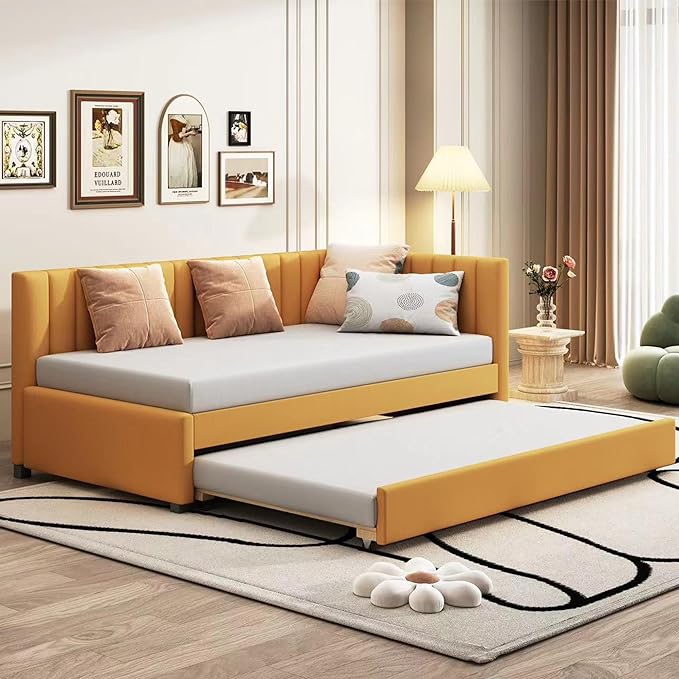 Merax Twin Size Daybed with Trundle, Linen Upholstered Sofa, Solid Wood Slats Support Wooden Day Bed Frame for Living Room, Apartment, Small Spaces, No Box Spring Needed, Yellow - LeafyLoom