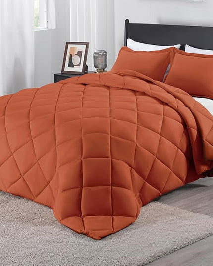 downluxe Queen Comforter Set - Burnt Orange Comforter Set Queen, 3 Pieces Solid Comforter Set Queen Size for All Seasons, 1 Lightweight Fluffy Comforter (88"x92") and 2 Pillow Shams - LeafyLoom