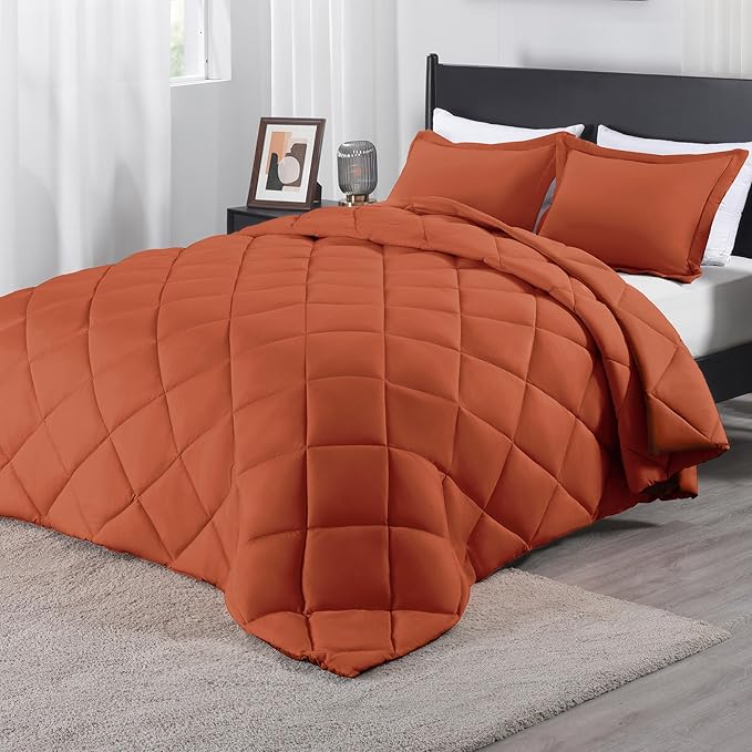 downluxe King Size Comforter Set - Burnt Orange King Comforter Set, 3 Pieces Soft Solid Comforter King Size Set for All Seasons, 1 Lightweight Fluffy Comforter (104"x92") and 2 Pillow Shams - LeafyLoom