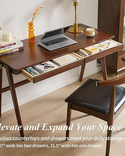 Computer Desk with Drawers, Solid Wood Writing Desk, Mid Century Modern Home Office Desks, Oak Study Table, Small Desk for Bedroom, 29.1 H x 39.4 W x 21.7 D Inches, Walnut - LeafyLoom