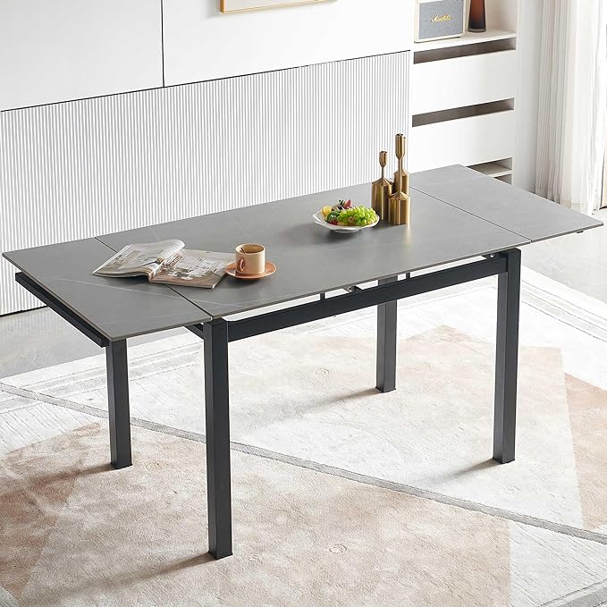 NicBex 43.31Inch Rectangular Expandable Dining Table,Minimalist Kitchen Table with Grey Ceramic Tabletop for 4 to 6,Dining Room Table for Kitchen,Small Space and Living Room,Space-Saving,Grey - LeafyLoom