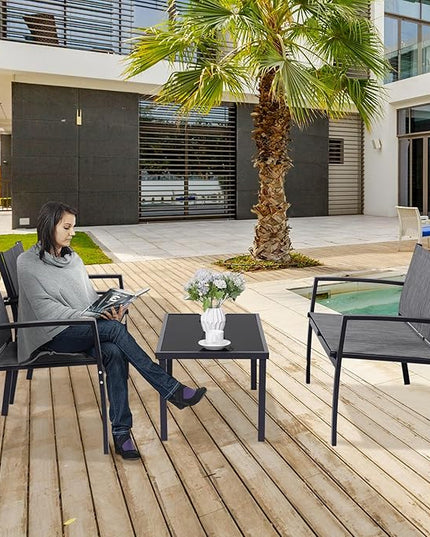 4 Pieces Patio Furniture Set Outdoor Garden Patio Conversation Sets Poolside Lawn Chairs with Tempered Glass Coffee Table Loveseat Porch Furniture Textilene Fabric Grey - LeafyLoom