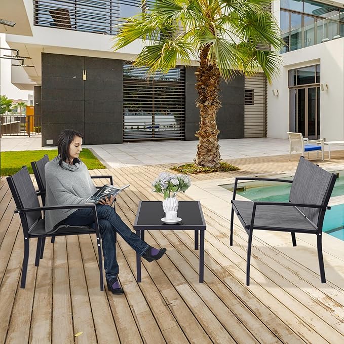 4 Pieces Patio Furniture Set Outdoor Garden Patio Conversation Sets Poolside Lawn Chairs with Tempered Glass Coffee Table Loveseat Porch Furniture Textilene Fabric Grey - LeafyLoom