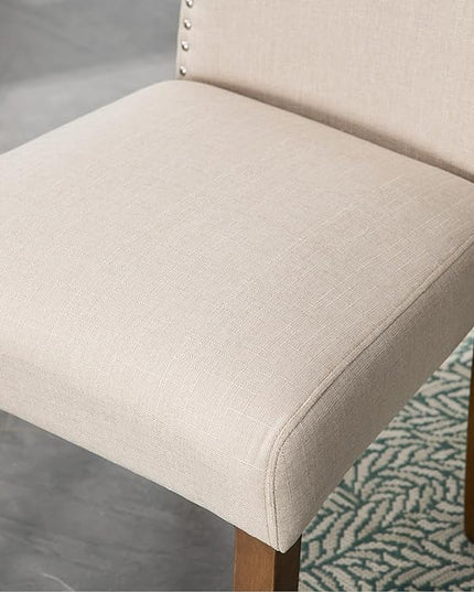 Stylish Upholstered Parsons Nailhead Trim and Sturdy Solid Wood Legs Dining Chairs, Set of 6, Cream - LeafyLoom