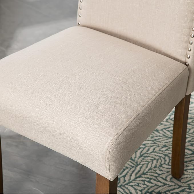 Stylish Upholstered Parsons Nailhead Trim and Sturdy Solid Wood Legs Dining Chairs, Set of 6, Cream - LeafyLoom