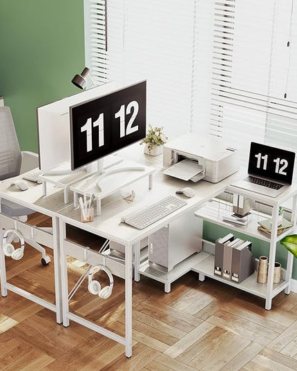 ODK 40 Inch Small L Shaped Computer Desk with Reversible Storage Shelves, L-shaped Corner Desk with Monitor Stand for Small Space, Modern Simple Writing Table for Home Office Workstation, White - LeafyLoom