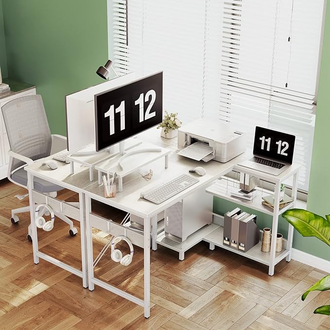 ODK 40 Inch Small L Shaped Computer Desk with Reversible Storage Shelves, L-shaped Corner Desk with Monitor Stand for Small Space, Modern Simple Writing Table for Home Office Workstation, White - LeafyLoom