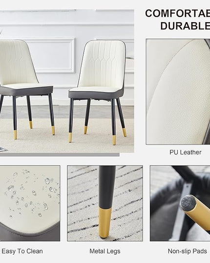 Modern Set of 2, Faux Leather Dining PU Upholstered Kitchen Chair with Black Golden Metal Legs for Home Living Room, Restaurant, 2 Piece, White+gray - LeafyLoom