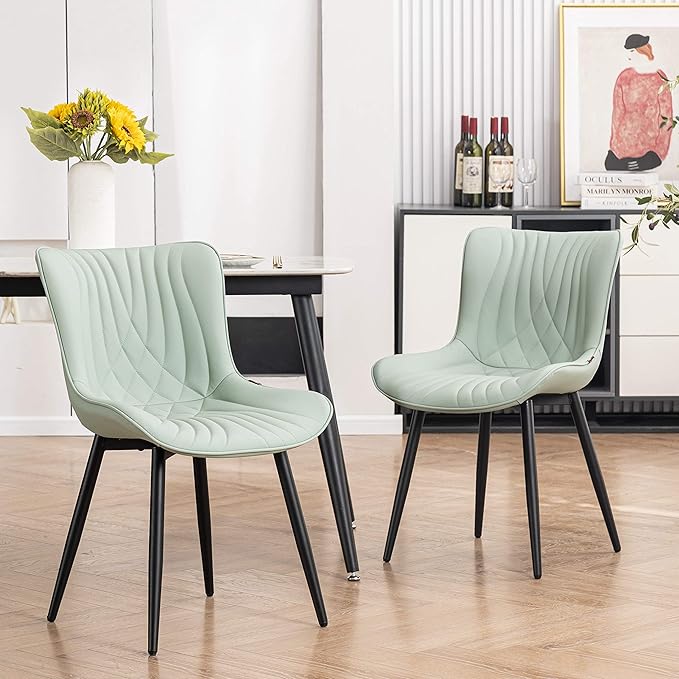 YOUTASTE Sage Green Dining Chairs Set of 2 Upholstered Mid Century Modern Kitchen Dining Room Chairs Armless Faux Leather Accent Chairs Metal Vanity Lounge Chair with Back for Bedrooms, Mint Green - LeafyLoom