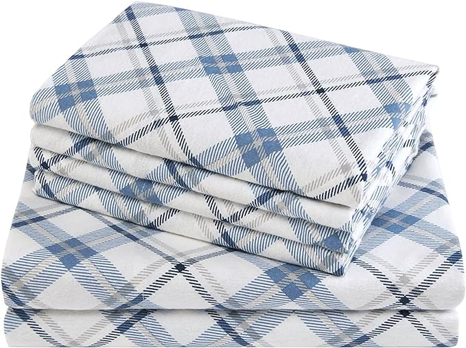 Comfort Spaces Cotton Flannel Breathable Warm Deep Pocket Sheets with Pillow Case Bedding, King, Blue Plaid 4 Piece - LeafyLoom