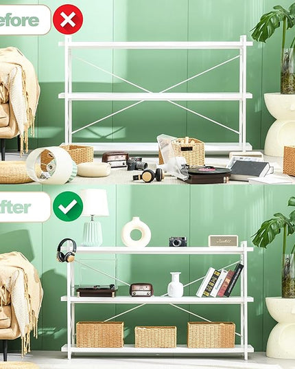 HCHQHS Bookshelf, 3-Tier Long Industrial Bookcase, White Open Book Shelf, Freestanding Horizontal Bookshelves with Metal Frame - LeafyLoom