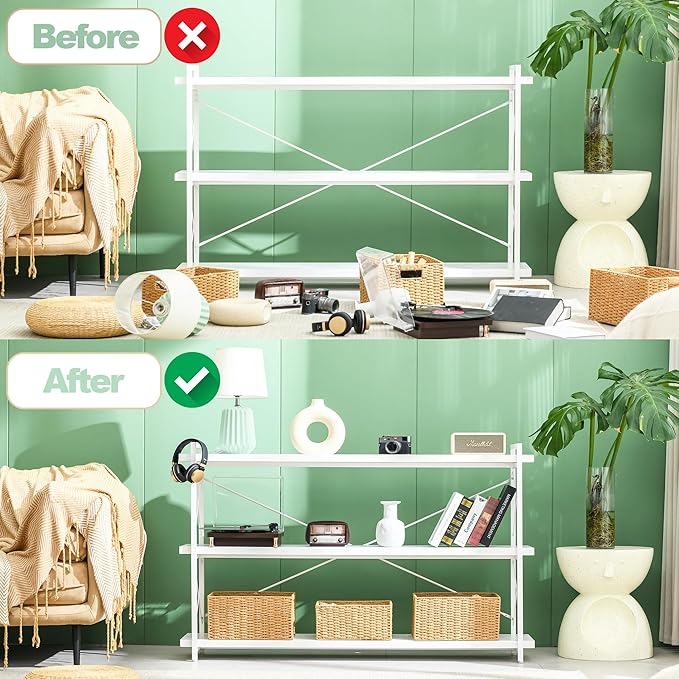 HCHQHS Bookshelf, 3-Tier Long Industrial Bookcase, White Open Book Shelf, Freestanding Horizontal Bookshelves with Metal Frame - LeafyLoom