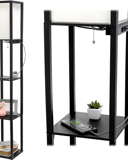 Simple Designs LF1037-BLK-LB Three Shelf Etagere Organizer Storage Floor Lamp with 2 Dual USB Ports and Charging Outlet, Black, with Feit LED Bulb Included - LeafyLoom