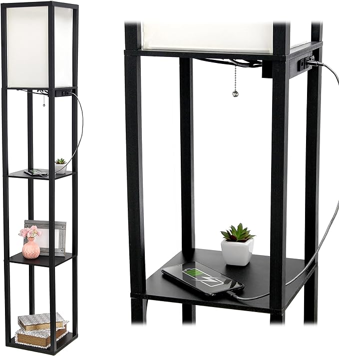 Simple Designs LF1037-BLK-LB Three Shelf Etagere Organizer Storage Floor Lamp with 2 Dual USB Ports and Charging Outlet, Black, with Feit LED Bulb Included - LeafyLoom