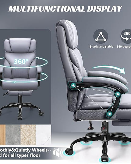 Office Chair, Executive Leather Chair Big and Tall Ergonomic Computer Desk Chair, Comfy Swivel Rolling Reclining Lumbar Support Task Chair with Adjustable High Back Foot Rest for Home Gaming - LeafyLoom