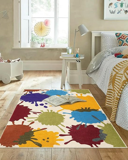 Art Bedroom Rug, 4'x6' Machine Washable Kids Rug for Playroom, Paint Splash Rainbow Area Rug for Classroom, Soft Colorful Living Room Rug Throw Play Mat for Nursery Office Preschool - LeafyLoom