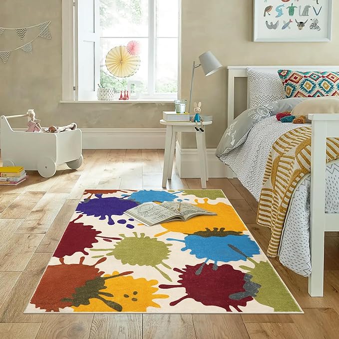 Art Bedroom Rug, 4'x6' Machine Washable Kids Rug for Playroom, Paint Splash Rainbow Area Rug for Classroom, Soft Colorful Living Room Rug Throw Play Mat for Nursery Office Preschool - LeafyLoom