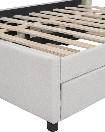 Full Size Linen Upholstered Platform Bed with 2 Drawers and Twin Size Trundle,Solid Wood Bed Frame w/Classic Headboard Design,for Bedroom,Apartment,Living Room,Beige - LeafyLoom