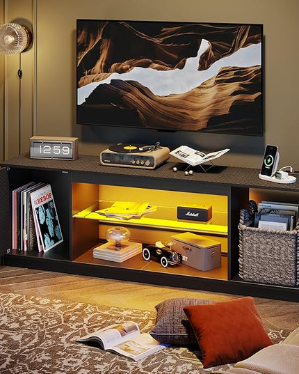 Bestier LED TV Stand with Power Outlets for 55/60/65 Inch TV, Gaming Entertainment Center with Cabinet for PS5, Modern TV Cabinet with Adjustable Glass Shelves for Living Room, Bedroom 58 Inch,Black - LeafyLoom
