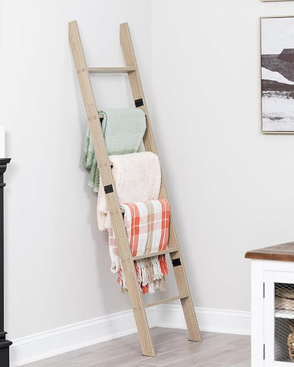 Blanket Ladder for Living Room and Bedroom, 6-Tier Wall Leaning Laminate Snag Free Construction (Smokey Oak) Rustic Decorative Farmhouse Blanket Storage, Quilt Rack, Ladder Shelf, Easy Assembly - LeafyLoom