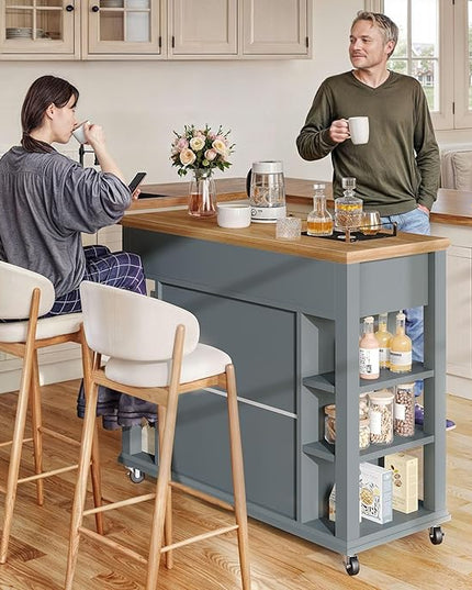 YITAHOME Kitchen Island with Storage Cabinet, Rolling Kitchen Cart on Wheels, Americana Kitchen Island Cabinet with Open Shelves for Kitchen Dining Room, Thicker Rubberwood Top, Grey Blue - LeafyLoom