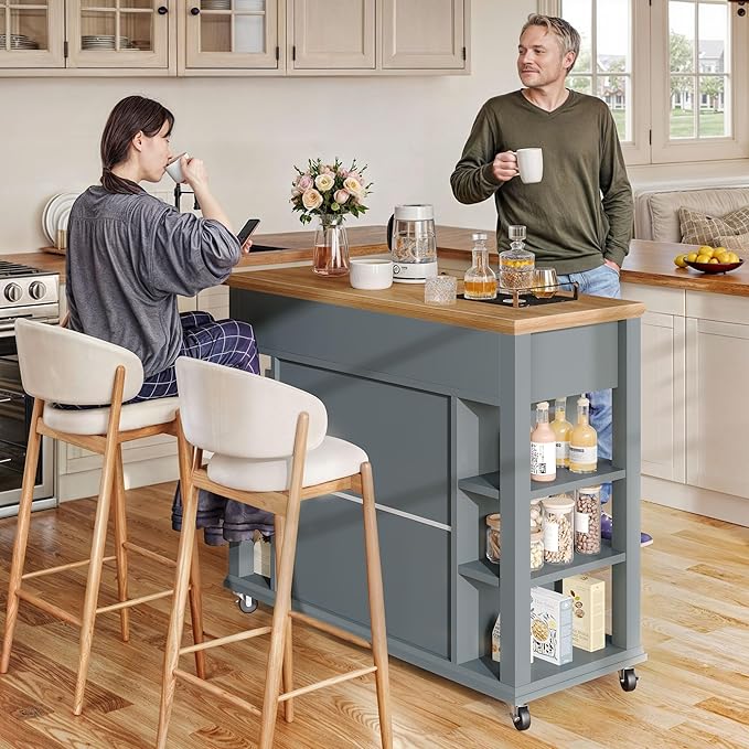YITAHOME Kitchen Island with Storage Cabinet, Rolling Kitchen Cart on Wheels, Americana Kitchen Island Cabinet with Open Shelves for Kitchen Dining Room, Thicker Rubberwood Top, Grey Blue - LeafyLoom