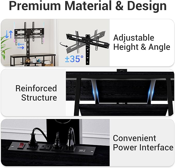 Corner TV Stand LED, Universal TV Mount Stand for 32-60" TV, Height Adjustable Swivel TV Console Wood & Steel Entertainment Center with Mount, Cabinet, Power Outlet, Colorful LED Light, Black - LeafyLoom
