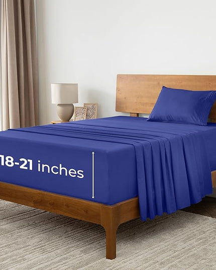 Mellanni Extra Deep Twin Sheets - 3 PC Iconic Collection Bedding Sheets & Pillowcases - Hotel Luxury, Ultra Soft, Cooling Bed Sheets - Extra Deep Pocket up to 21 inch (Twin, Royal Blue) - LeafyLoom