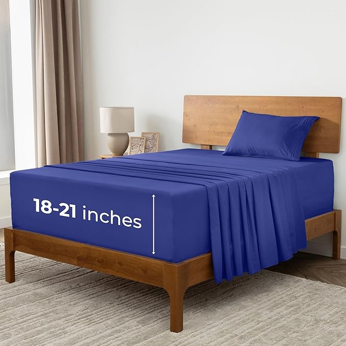 Mellanni Extra Deep Twin Sheets - 3 PC Iconic Collection Bedding Sheets & Pillowcases - Hotel Luxury, Ultra Soft, Cooling Bed Sheets - Extra Deep Pocket up to 21 inch (Twin, Royal Blue) - LeafyLoom