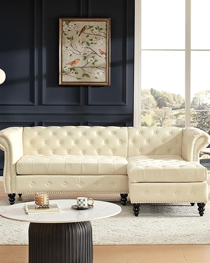 Tbfit L-Shape Sofa Couch with Chaise, Chesterfield Sofas with Nailhead Trim, Deep Button Tufted Sectional Couches for Living Room, Vintage Couches with Solid Wood Frame and Rolled Arms, Beige - LeafyLoom