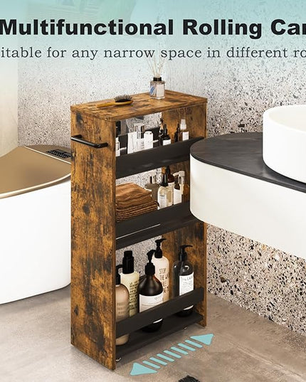 MARTY Rolling Cart 7.9" Width, 4-Tier Utility Carts with Wheels Handle, Slim Kitchen Storage Cart for Bathroom Laundry Room Organization Narrow Places (Rustic Brown) - LeafyLoom