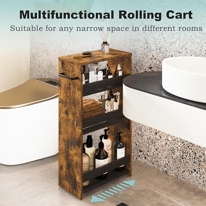 MARTY Rolling Cart 7.9" Width, 4-Tier Utility Carts with Wheels Handle, Slim Kitchen Storage Cart for Bathroom Laundry Room Organization Narrow Places (Rustic Brown) - LeafyLoom