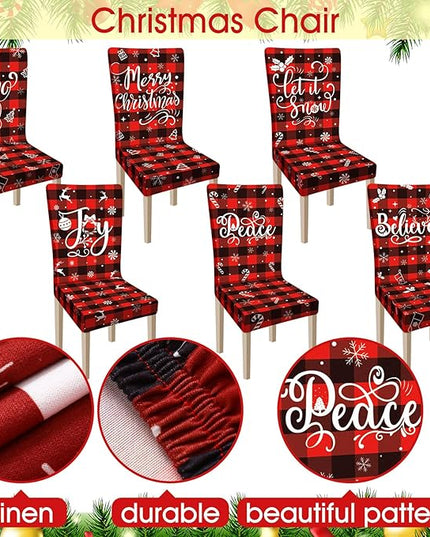 Ganeen 6 Pcs Christmas Chair Covers Merry Christmas Chair Back Cover Stretch Christmas Seat Cover Washable Xmas Dining Chair Protector Slipcover for Dining Room Kitchen Holiday Party(Plaid Style) Ganeen