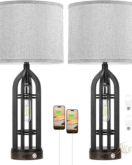 Table Lamp for Living Room - Grey Farmhouse Lamps for Night Stands with USB C+A, 3 Way Dimmable End Table Lamps Set of 2, Vintage Bedside Lamp for End Tables, Rustic Nightstand Lamps for Bedroom - LeafyLoom