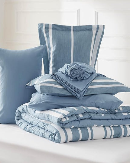 Bedsure Twin XL Comforter Set for College Boys, Blue White Striped Bedding Comforter Sets All Season Bed Set with 1 Pillow Sham, Flat Sheet, Fitted Sheet and 1 Pillowcase - LeafyLoom