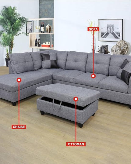 ROOMTEC Modern L Shaped Sectional Sofa Set with Storage Ottoman, Left Facing Chaise Longue, Reversible Backrest w/ 2 Cup Holders, Linen Tufted Cushions, for Living Room, Grey - LeafyLoom