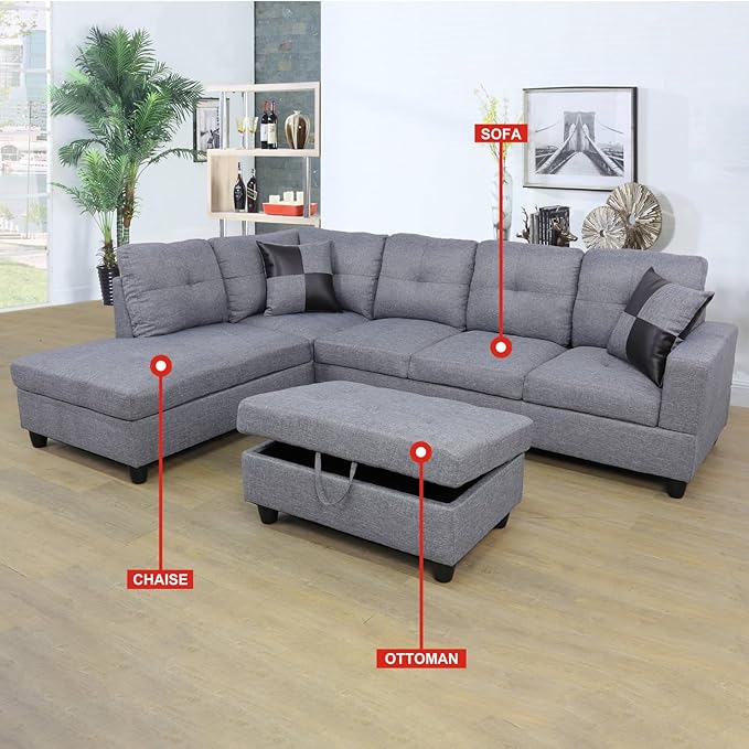 ROOMTEC Modern L Shaped Sectional Sofa Set with Storage Ottoman, Left Facing Chaise Longue, Reversible Backrest w/ 2 Cup Holders, Linen Tufted Cushions, for Living Room, Grey - LeafyLoom