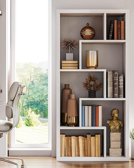 IRONCK Geometric Bookcase 6-Shelf Industrial Bookshelf White Etagere Bookcase Tall Storage Display Bookshelf with Thicken Shelf for Living Room Home Office - LeafyLoom