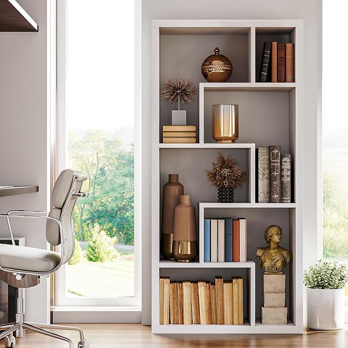 IRONCK Geometric Bookcase 6-Shelf Industrial Bookshelf White Etagere Bookcase Tall Storage Display Bookshelf with Thicken Shelf for Living Room Home Office - LeafyLoom